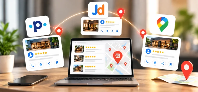 Laptop map with business listings on Practo, Justdial and Google Maps