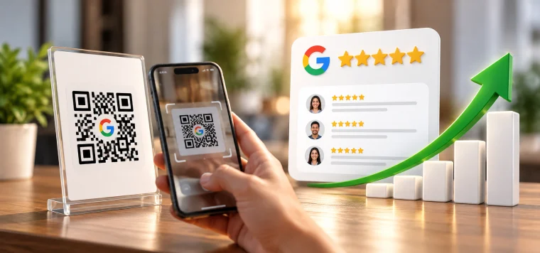 Hand scanning a QR code stand with a phone, next to Google five-star reviews and a rising chart