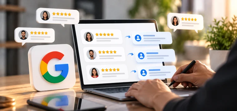 Hand writing replies to Google reviews on a laptop beside the Google logo