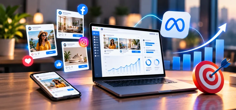 Laptop with a Meta ads dashboard, the Meta logo, a rising chart and a target with an arrow
