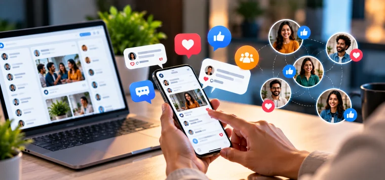 Hand holding a phone with comment and like bubbles from many followers around it