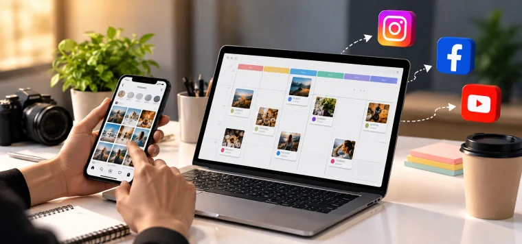 Hands holding a phone near a laptop with a colour-coded content calendar posting to Instagram, Facebook and YouTube