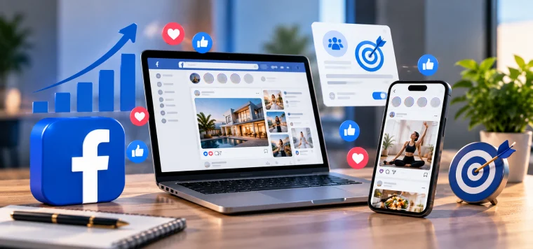 Laptop showing a Facebook page next to the Facebook logo, a phone, a target and a rising chart