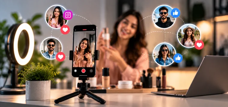Creator filming a product review on a phone with a ring light, with follower faces around her