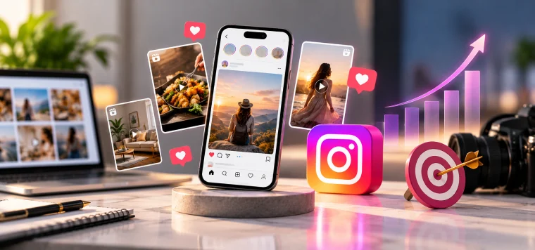 Phone and photo posts with the Instagram logo, hearts, a target and a rising chart