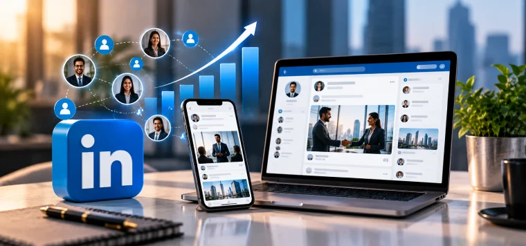 Laptop showing a LinkedIn company page next to the LinkedIn logo and a rising network chart