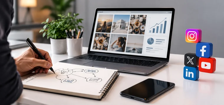 Hand sketching a plan in a notebook beside a laptop with posts and social media icons