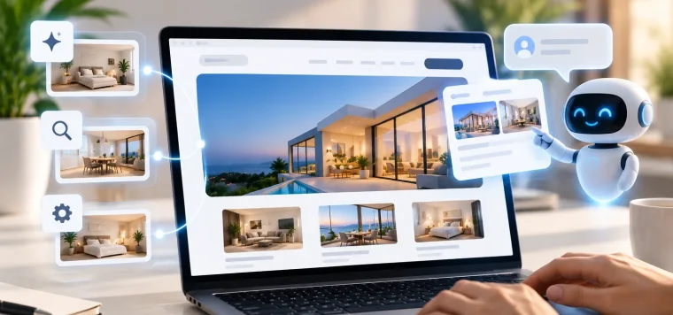 Website with an AI robot assistant suggesting properties to the visitor