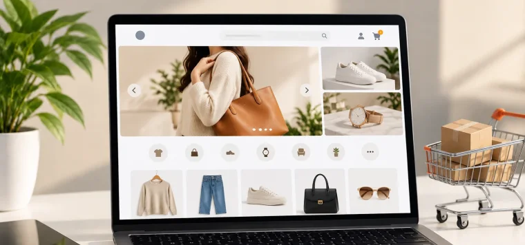Online fashion store with product categories on a laptop next to a shopping cart