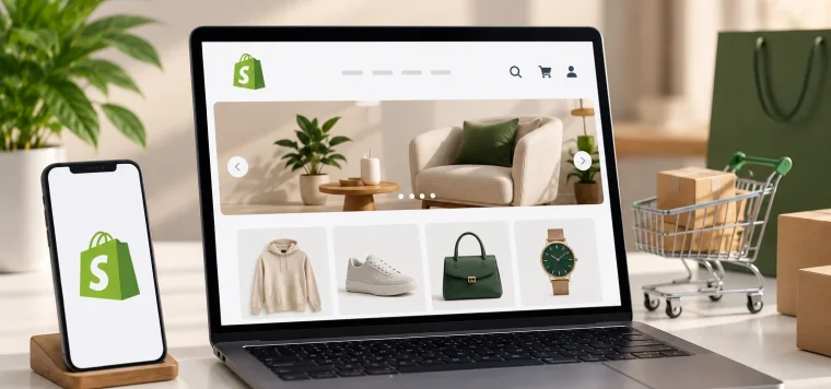 Shopify store on a laptop and phone with products and a shopping cart