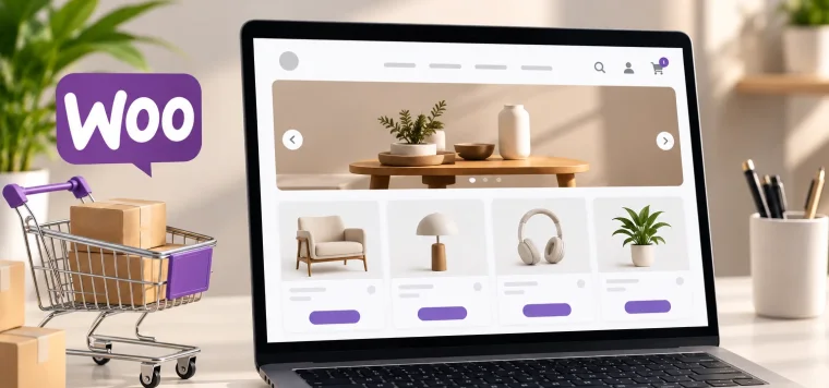 WooCommerce online store on a laptop next to the Woo logo and a cart with parcels